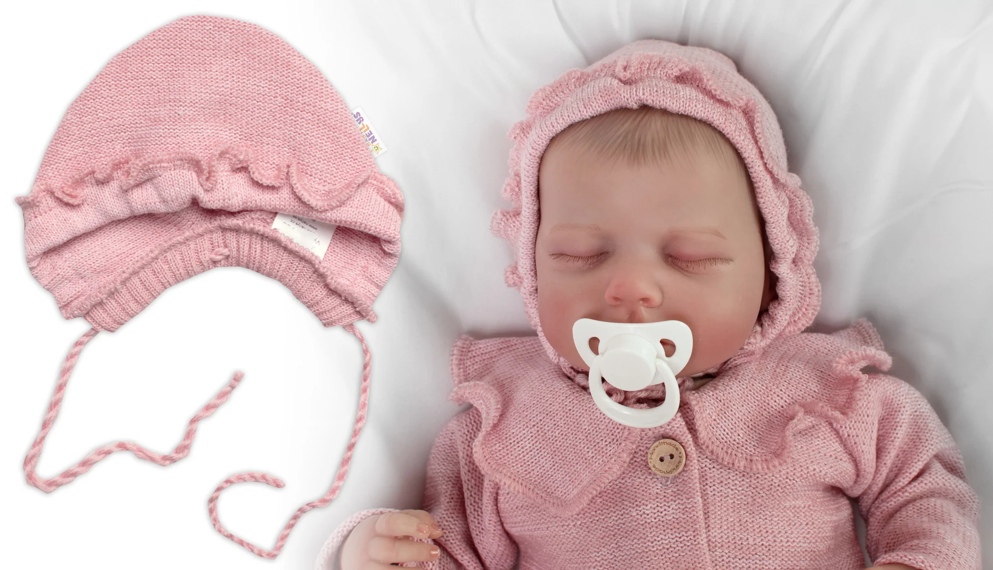 Pletená čiapočka na zaväzovanie bonetka Girl, Hand Made Baby Nellys, púdrová, veľ. 68/74