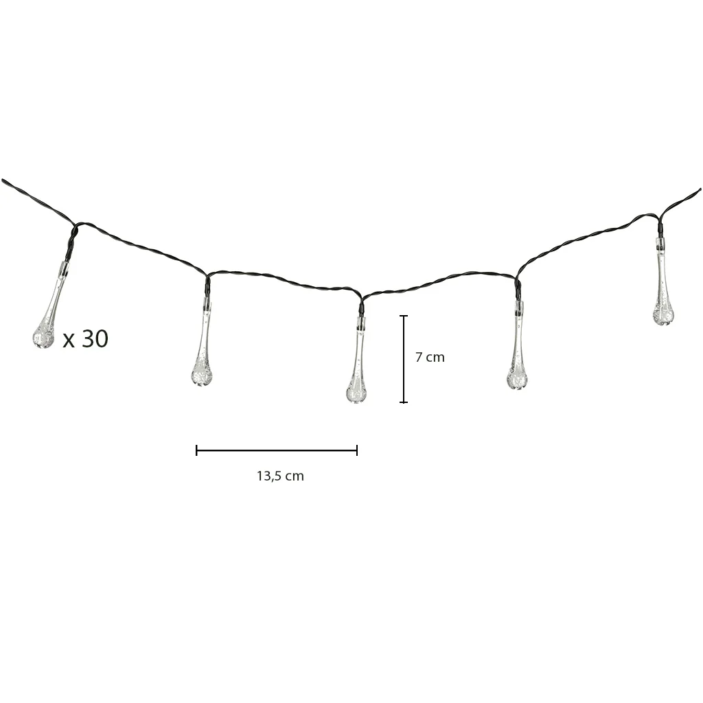 Solárne záhradné LED cencúle svetlá, lampy, osvetlenie – 6,5 m, 30 LED (teplá biela)