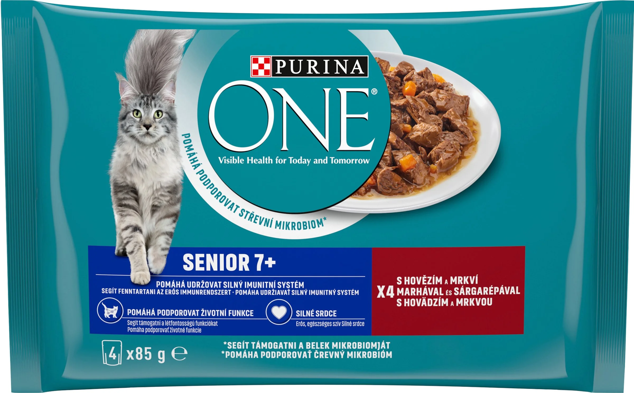 PURINA ONE SENIOR 7+ mini filetky s hovädzím a mrkvou v šťave (4x85g) 4×85g, kapsičky pre seniorné mačky