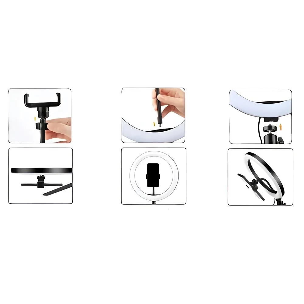 LED kruhové svetlo Tripod s držiakom na mobil - Čierna 26 cm, 3 režimy svetla