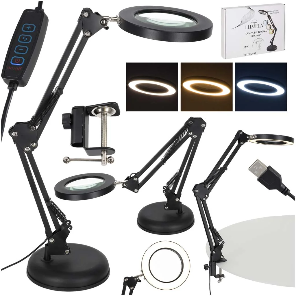 Stolová LED lampa s lupou 3× – nastaviteľné rameno, USB