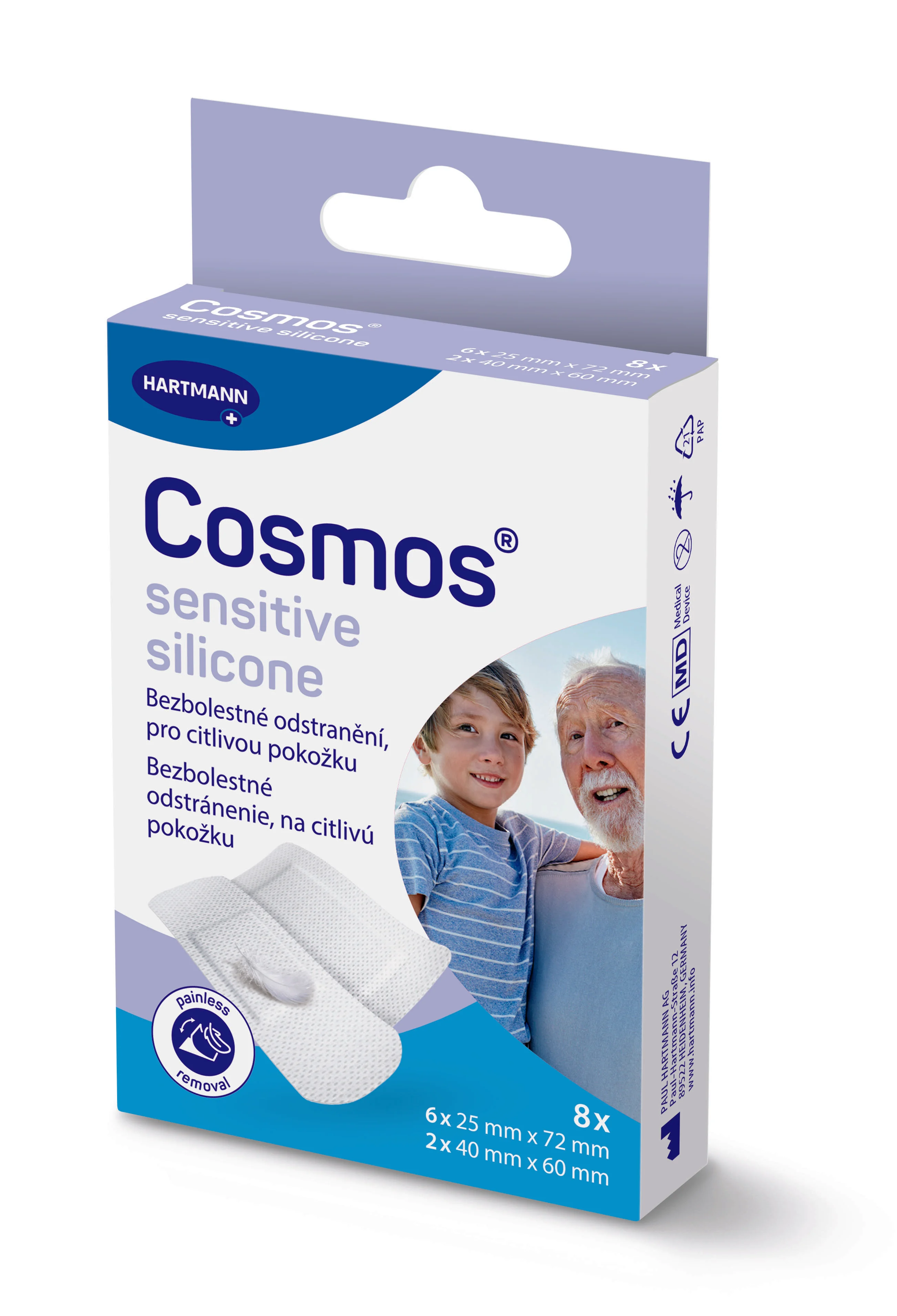 Cosmos sensitive silicone, delená ultra jemná náplasť, 2 veľkosti, 25 x 72 mm (6x), 40 x 60 mm (2x) 8 ks