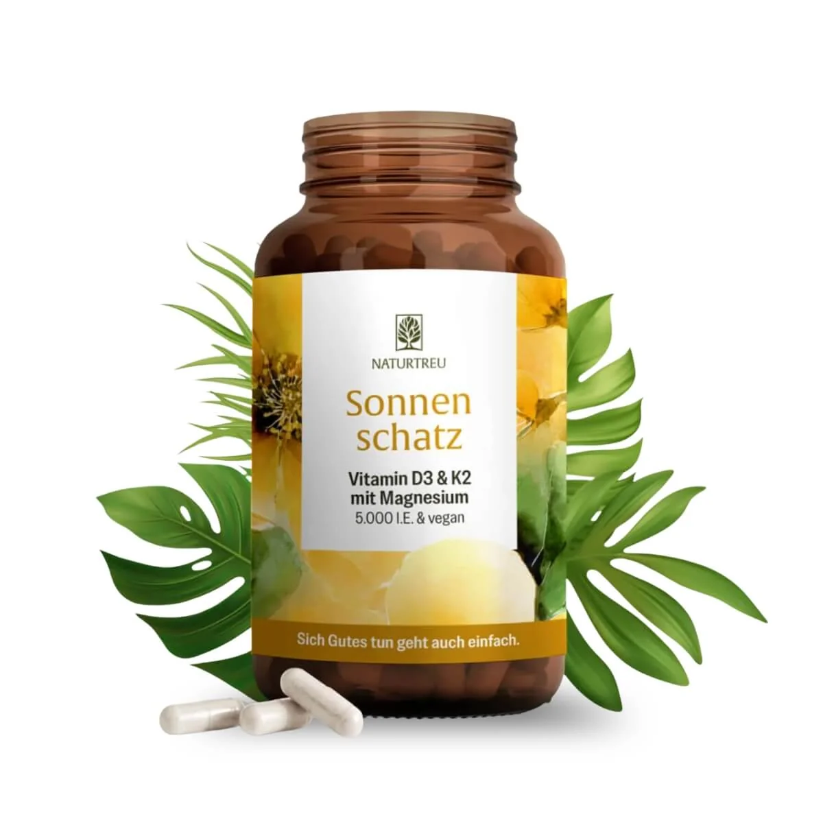 Naturtreu Slnečný poklad - vegánsky vitamín D3 5 000 IU s K2 a horčíkom, 90 kapsúl