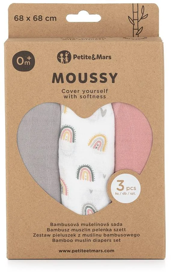 PETITE&MARS Sada plienok bambusová mušelínová 3ks Moussy Rose Rainbows, 68 x 68 cm 1×3 ks, sada plienok