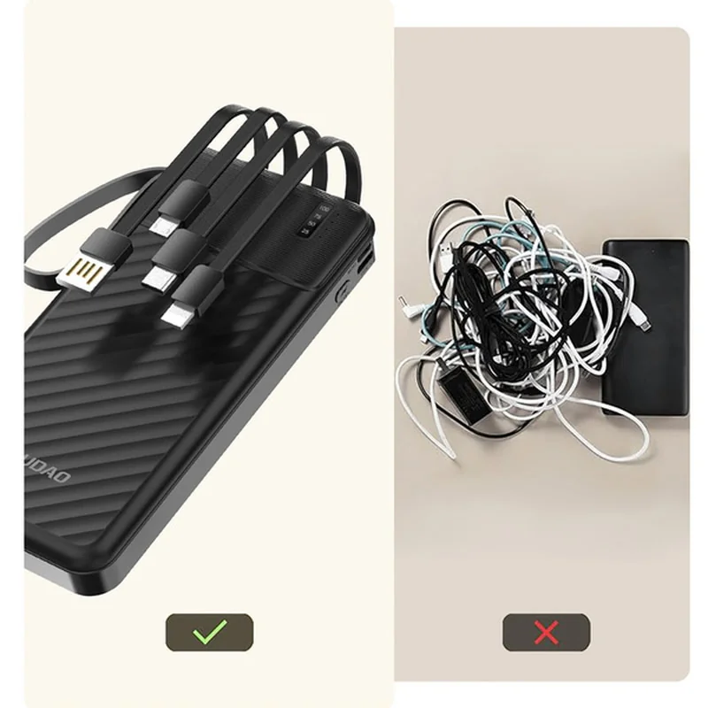Dudao K11 Power Bank 10000mAh + kábel USB / USB-C / Lightning / Micro USB 10W, čierny USB 10W, čierny