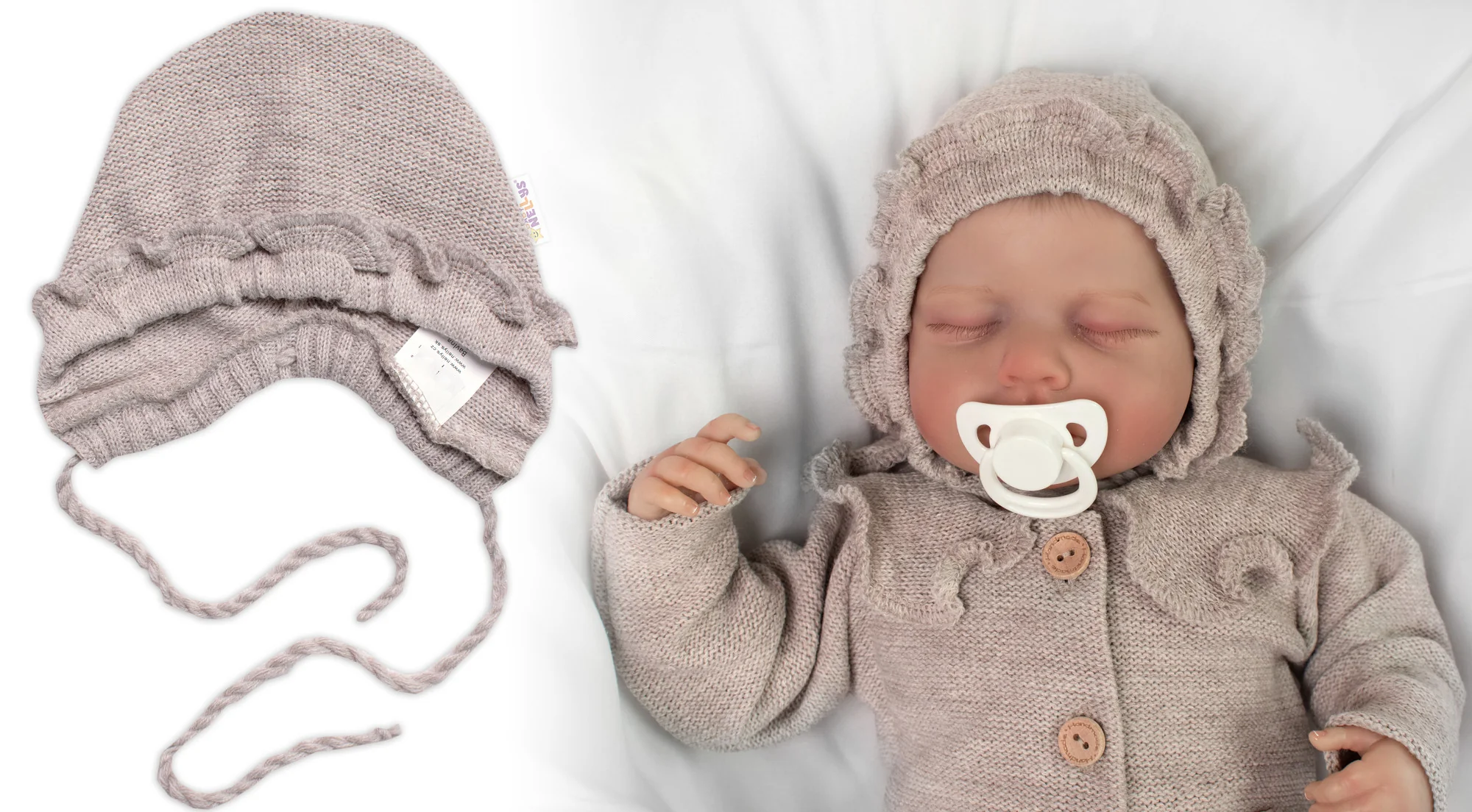 Pletená čiapočka na zaväzovanie bonetka Girl, Hand Made Baby Nellys, bežová, veľ. 68/74 