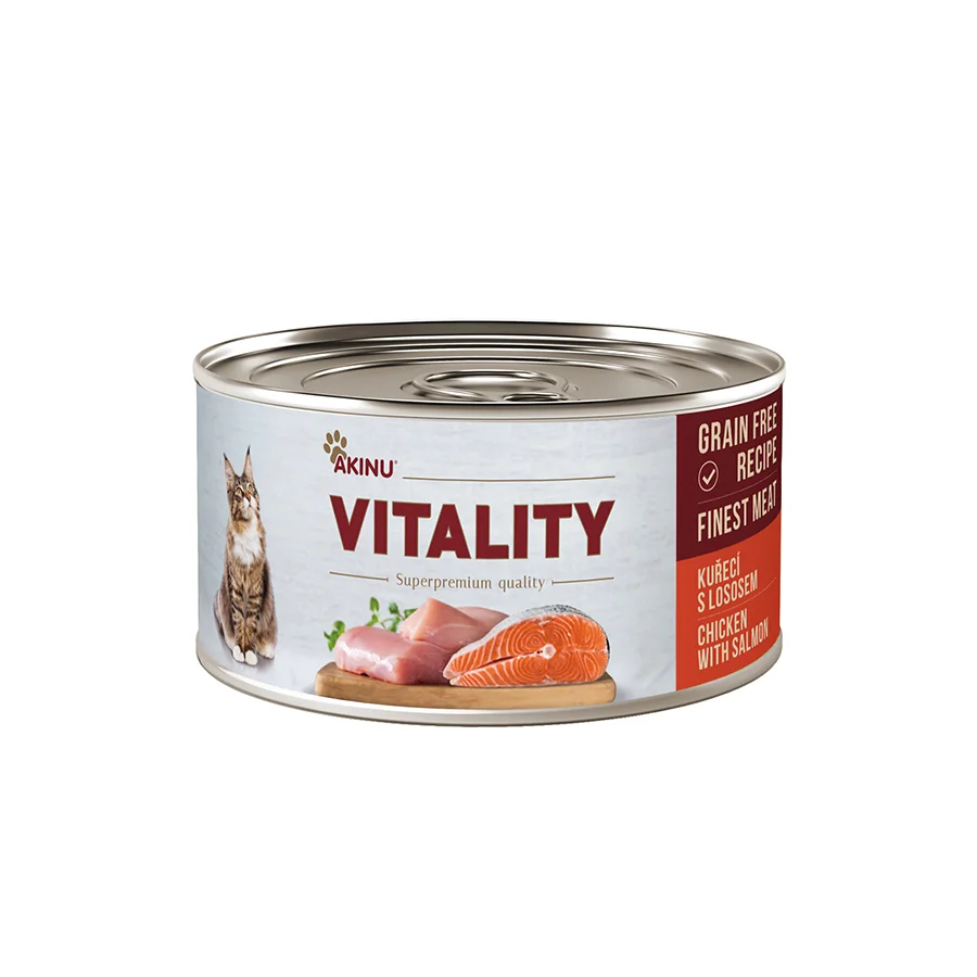 Akinu VITALITY Kuracie mäso a losos v konzerve pre mačky 10 x 70 g