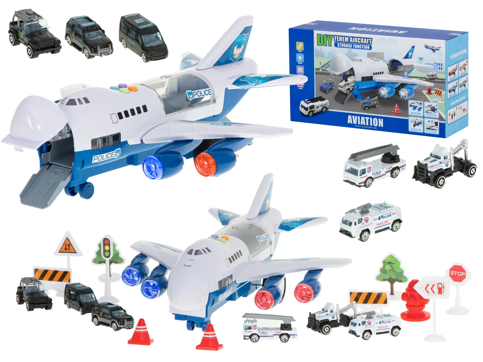 Policajné transporter lietadlo + 6 autíčok LED svetlá, zvuky, sklápacia rampa