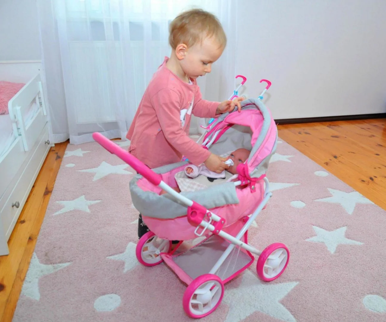 Bábikový kočík Alice – hlboký kočík s gondolou pre bábiku, ružový, sivý