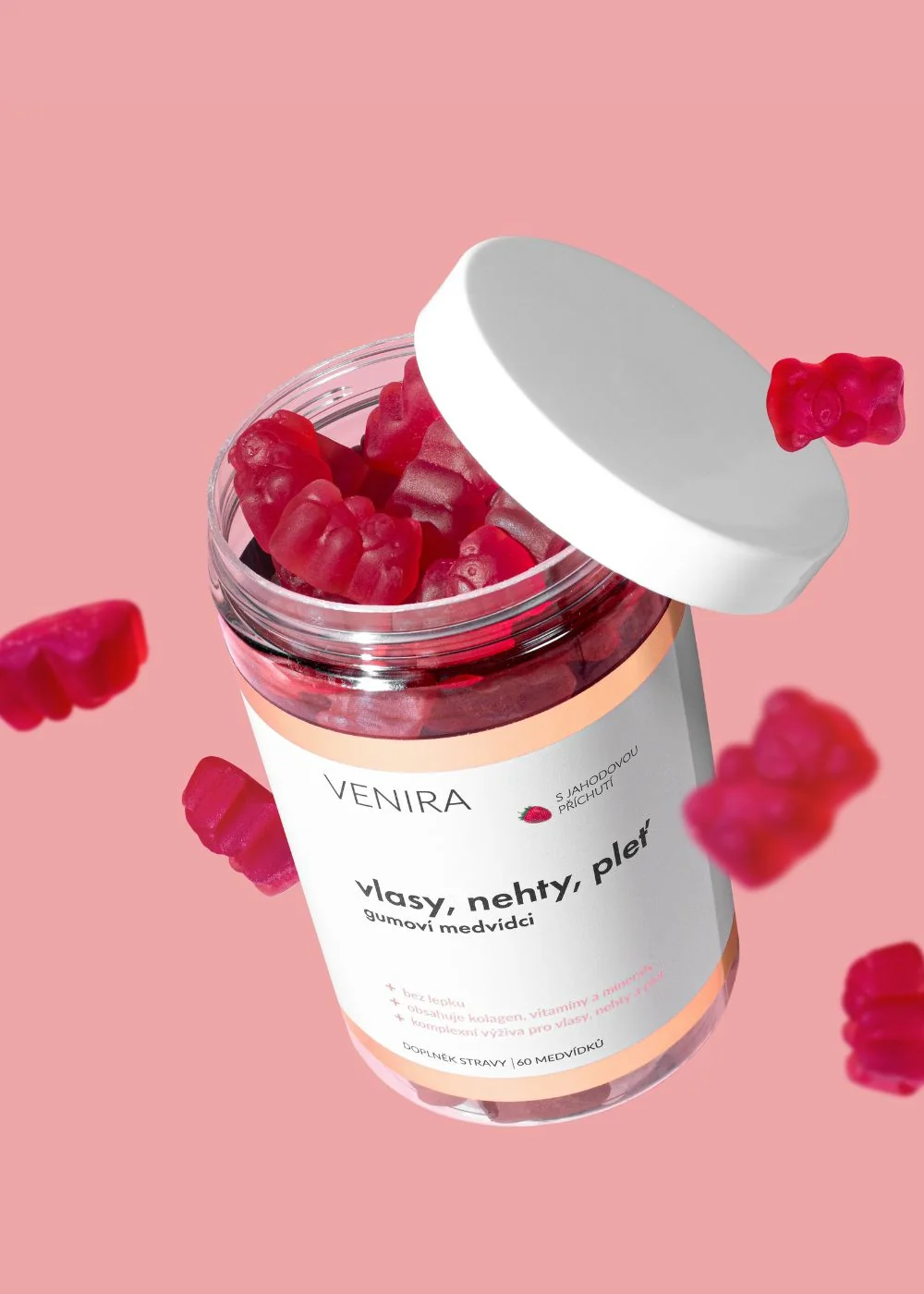 VENIRA Gumové medvedíky pre vlasy, nechty a pleť jahoda 1×60 ks, doplnok výživy