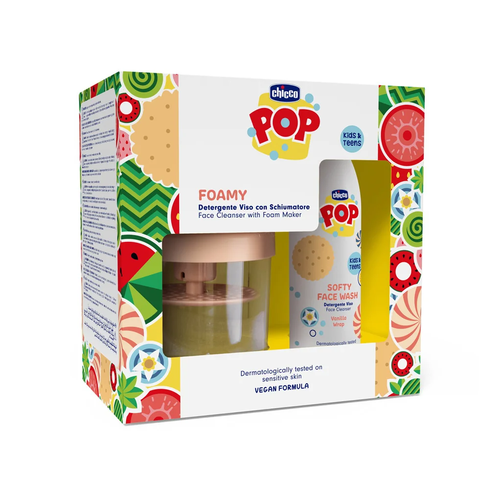 CHICCO Jemný čistiaci gél na tvár POP Softy Vanilla s peniacim dávkovačom 150 ml