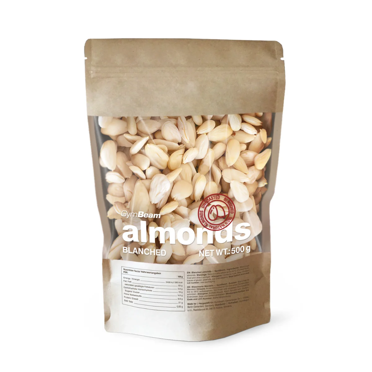 Gymbeam blansirovane mandle 500 g 1×500 g, blanšírované mandle