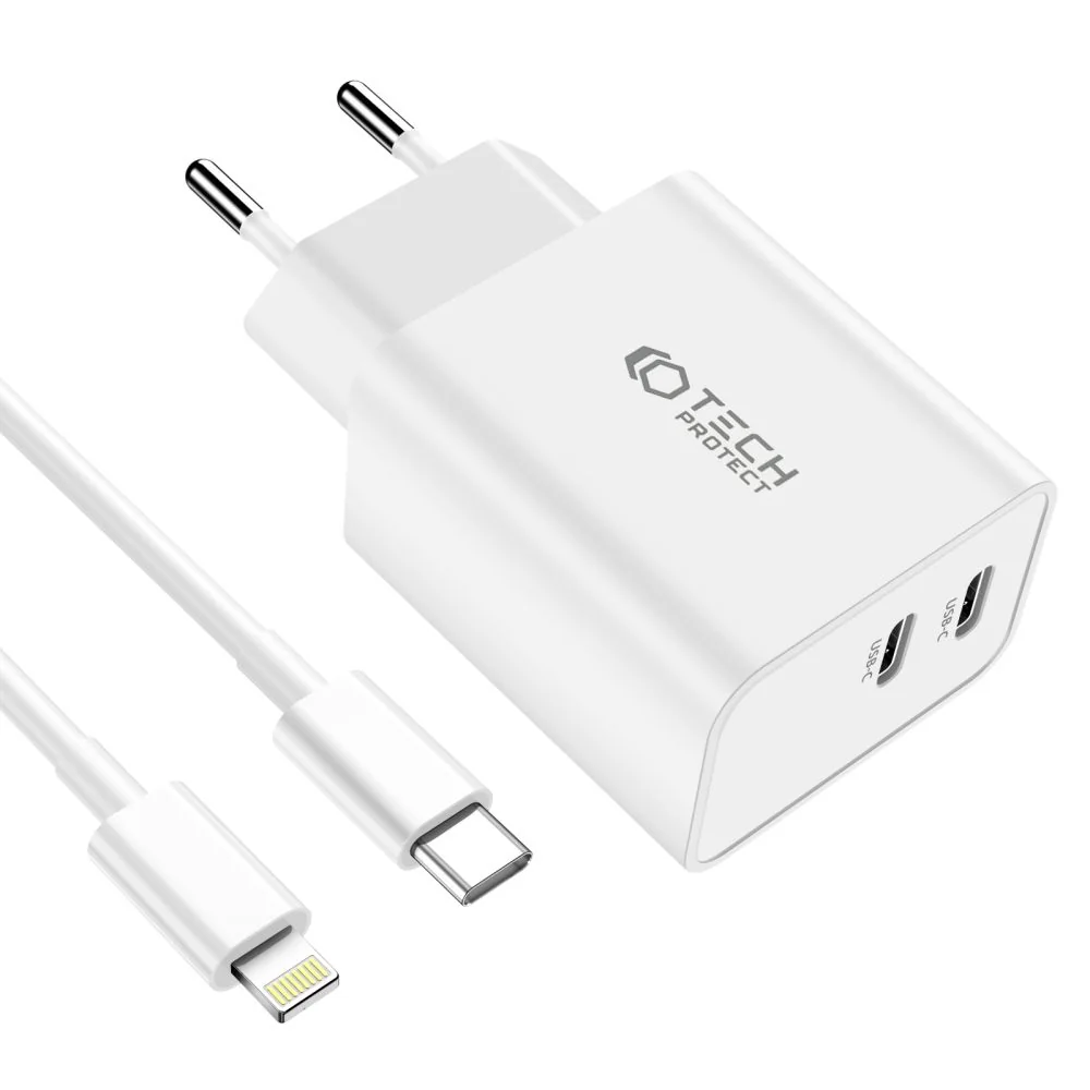 Tech-Protect C35W sieťová nabíjačka 2x USB-C 35W + kábel USB-C / Lightning, biela ning, biela
