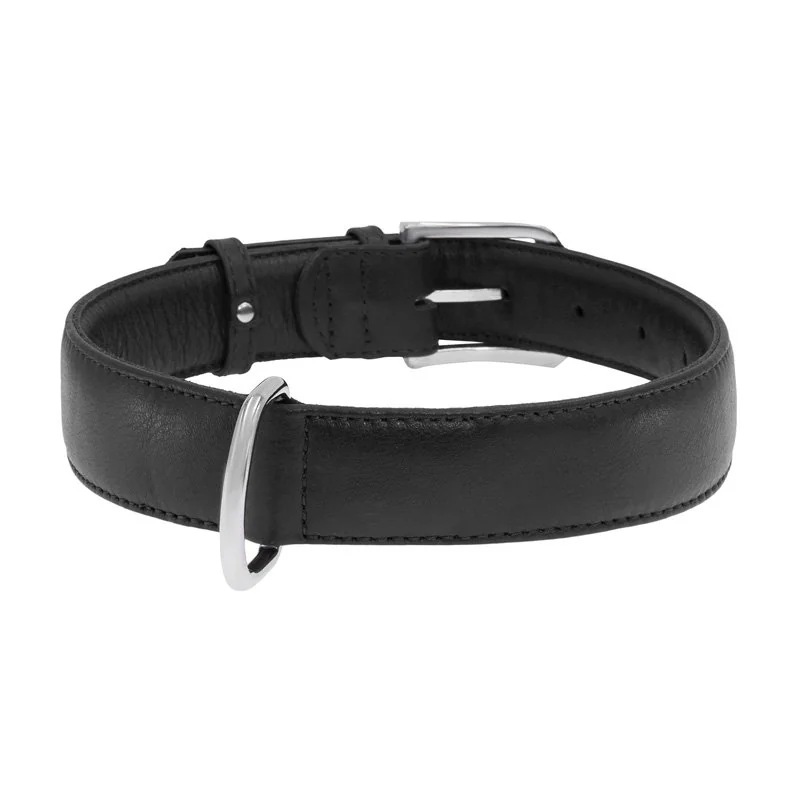 Plochý kožený obojok čiernej farby, Obvod krku: 38-49 cm, širka: 25 mm