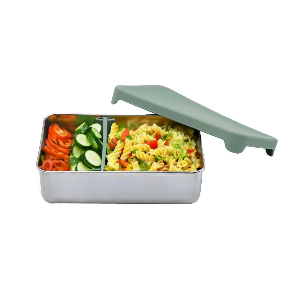 Nerezový bento box 740 ml so silikónovým vekom zelený, s prepážkou