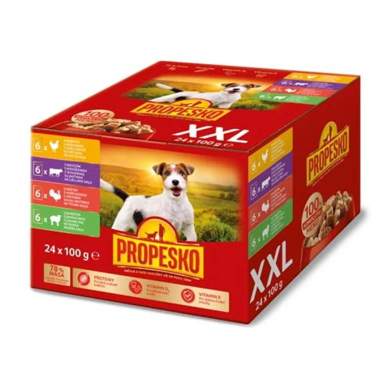 PROPESKO kapsička pes kura-hovädzie, morka-jahňa 24x100g XXL v omáčke