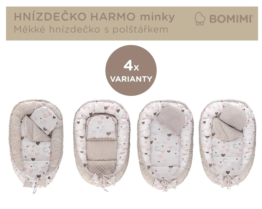 Bomimi HARMO hniezdočko pre bábätko s vankúšikom minky, srdcia sivá