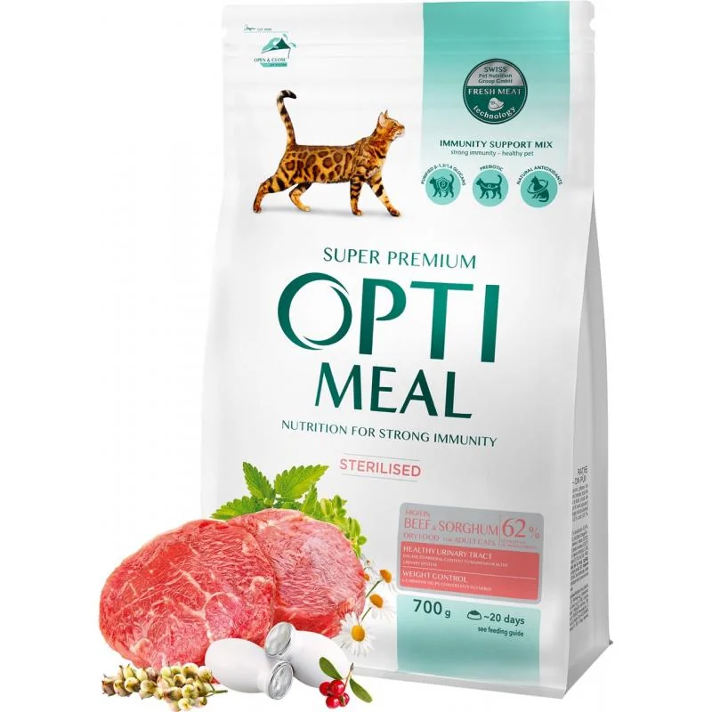 OPTIMEAL™ Superpremium pre všetky kastrované mačky s hovädzim mäsom a ciroku 700g (9640) 