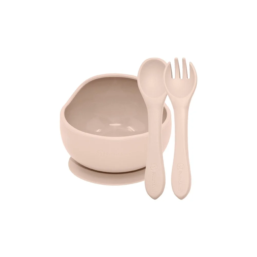 Set jedálenský silikónový TAKE&MATCH 2 ks miska + príbor Desert Sand 6m+
