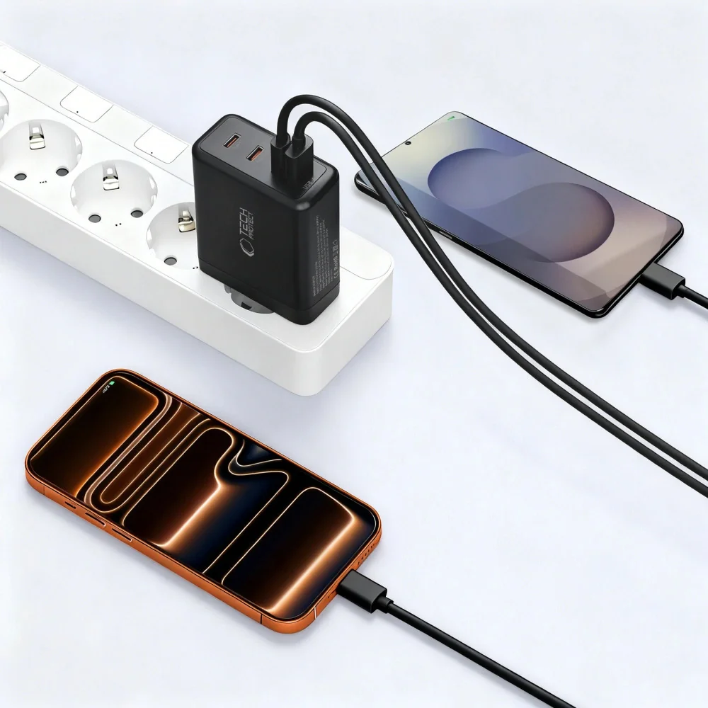 Tech-Protect NC140W GaN sieťová nabíjačka USB / 3x USB-C 140W PD QC, čierna ierna