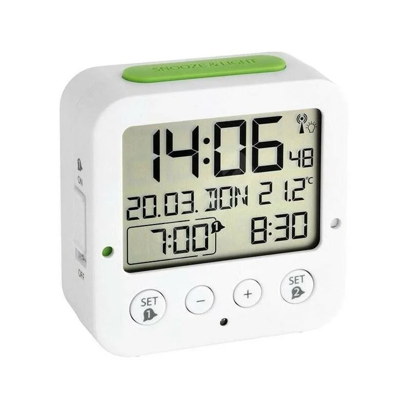 60.2528.02 TFA BINGO  Digitálny rádiom riadený budík, 2 časy budenia, vnútorná teplota, biely