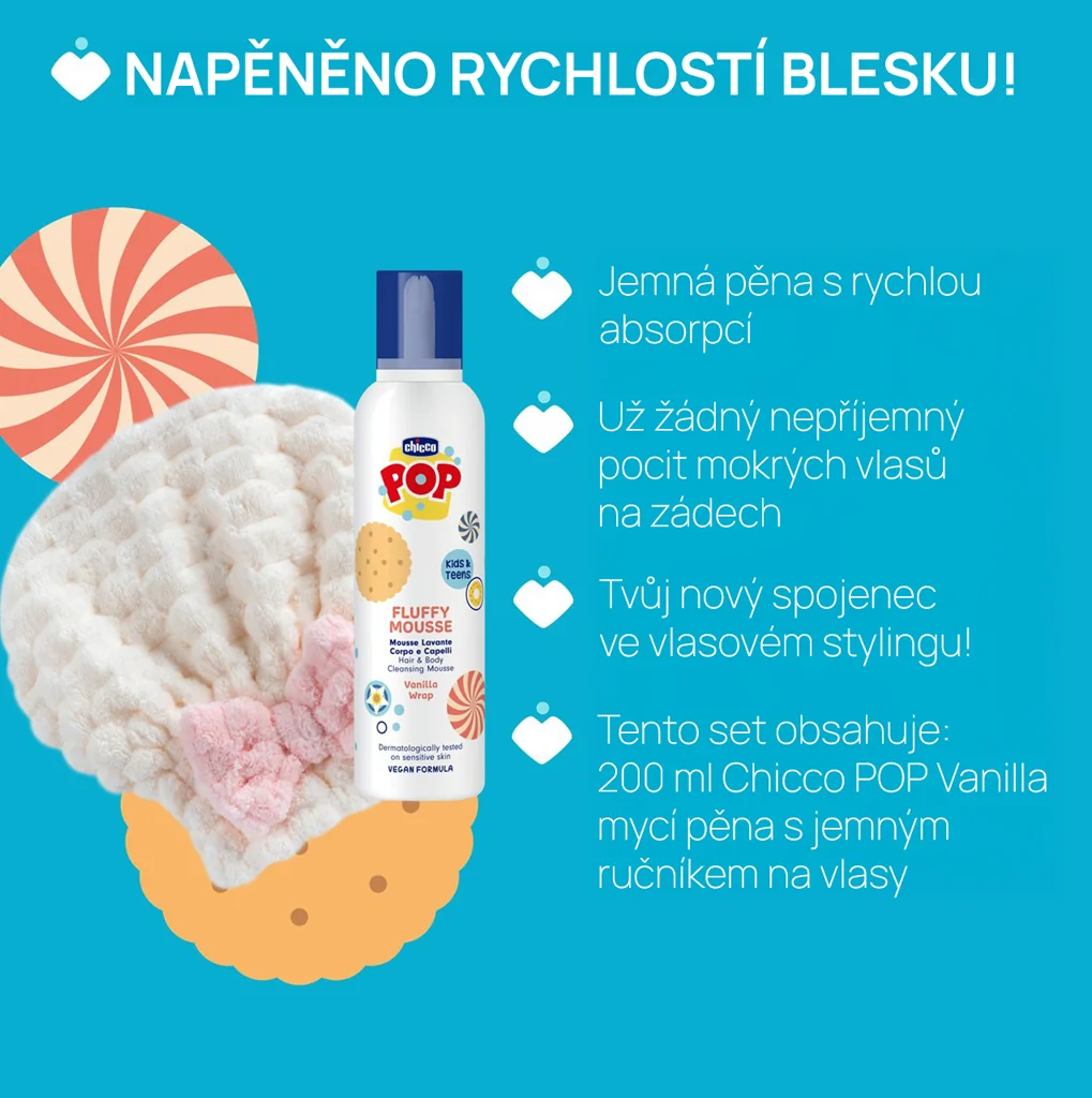 CHICCO Pena na vlasy a telo POP Vanilla Fluffy 200ml s uterákom na vlasy 200 ml