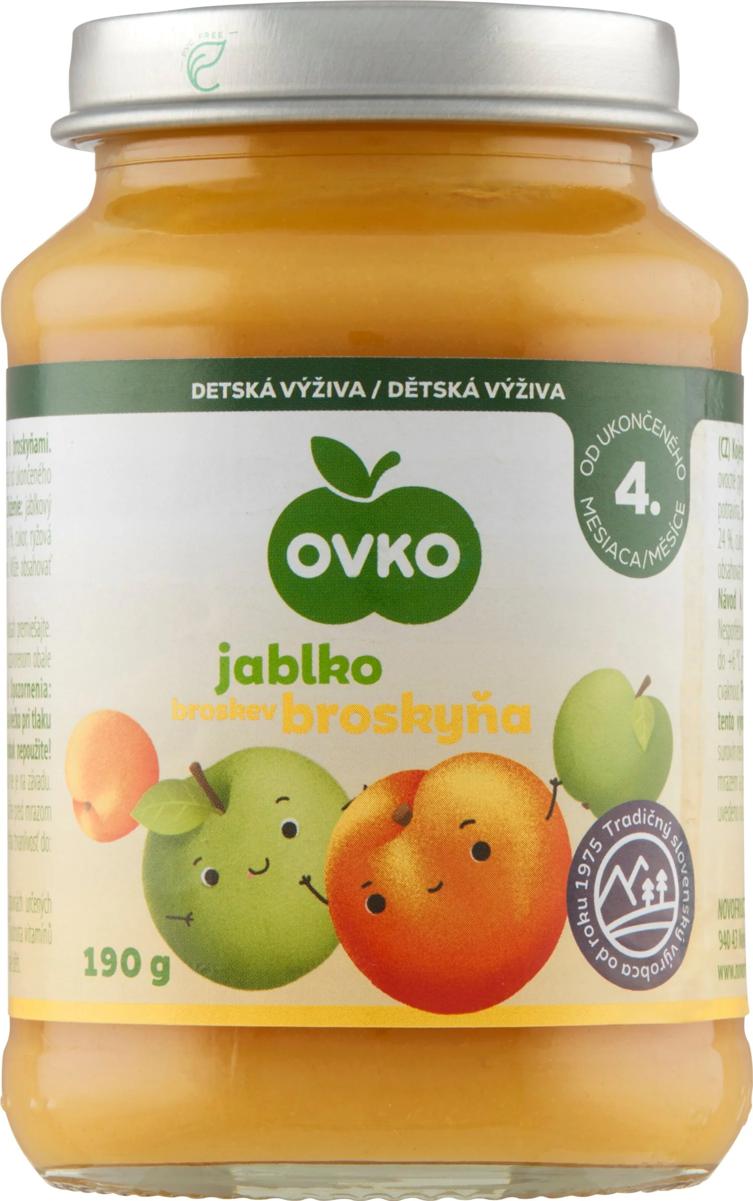 OVKO Detská výživa Jablko Broskyňa 1×190 g, ovocný príkrm
