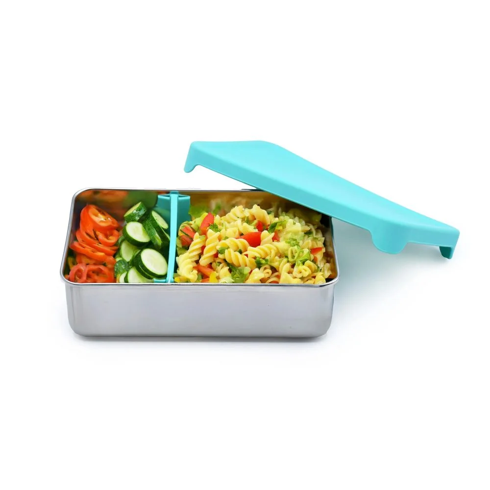 Nerezový bento box 740 ml so silikónovým vekom modrý, s prepážkou
