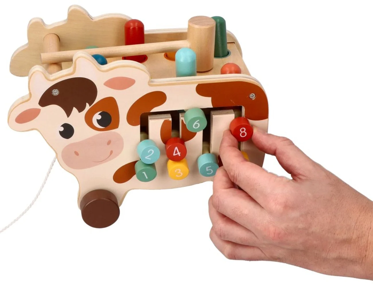 Montessori hračka - aktívna edukačná drevená, ťahacia Kravička, prírodná