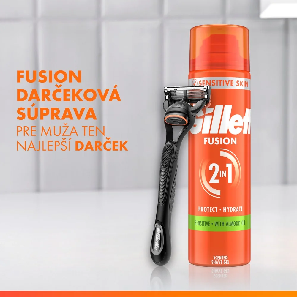 Gillette darčeková sada Fusion5: pánsky holiaci strojček s 5 čepeľami, 1 náhradná hlavica, gél na holenie 1 set