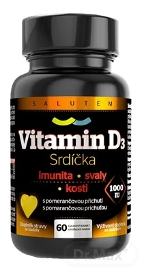 Vitamín D3 Srdiečka 1000 IU SALUTEM 1×60 tbl, výživový doplnok so sladidlami