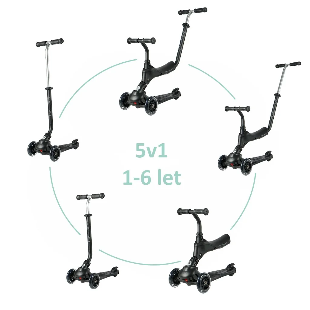 Kolobežka Sema Pro Black, 5 v 1, s LED kolieskami, vek 1-6 rokov