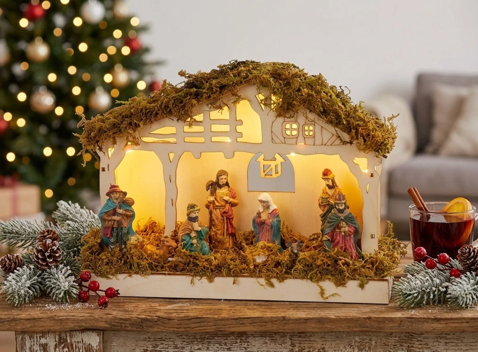 MagicHome vianočný LED betlehem, 1 ks 5 LED teplá biela, 3xAA, interiér, 26,3x7,3x19,2 cm