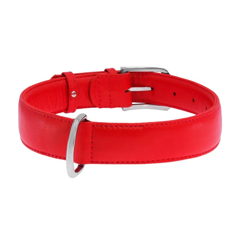 Plochý kožený obojok červenej farby, Obvod krku: 18-21 cm, širka: 9 mm