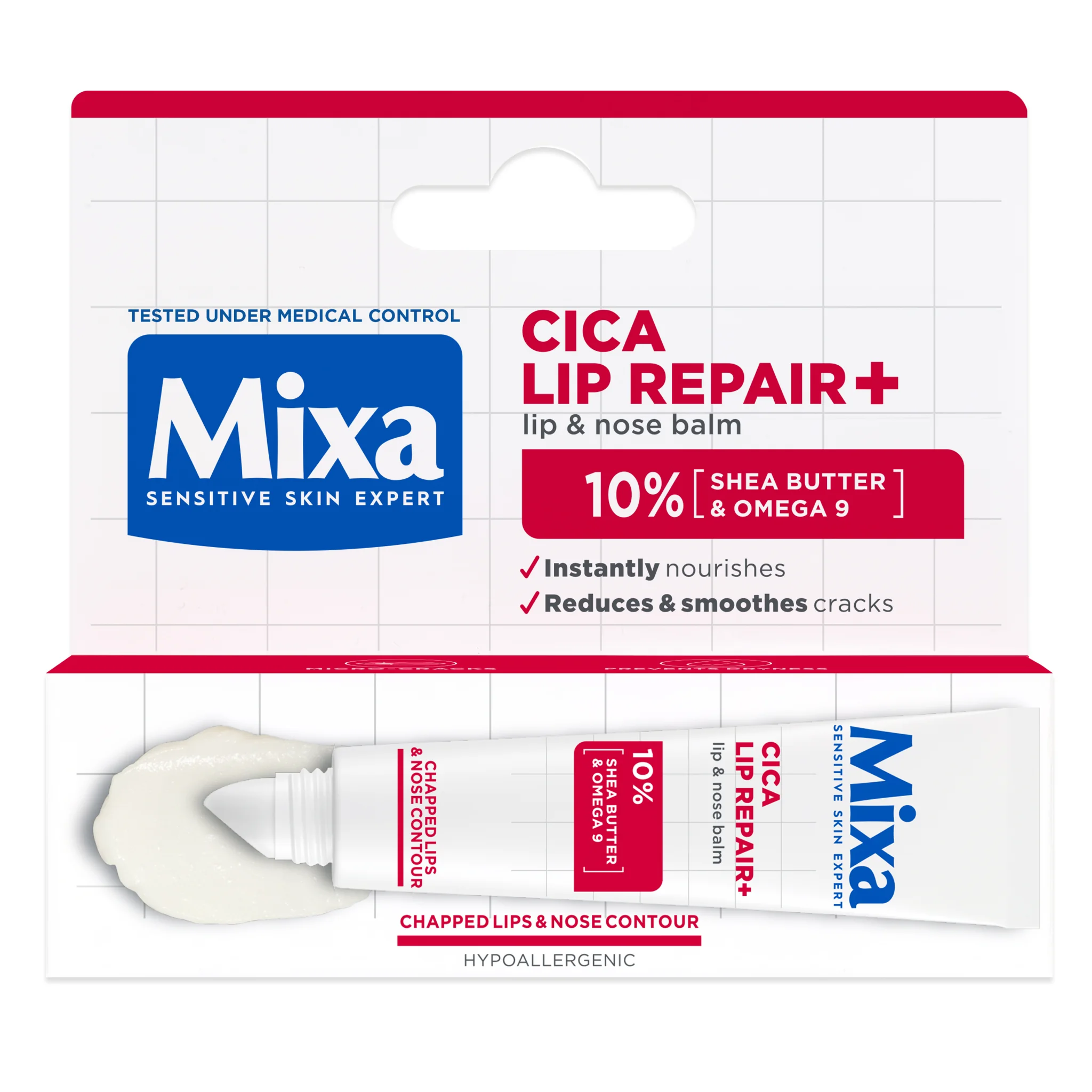 Mixa Cica Lip Repair+, balzam na pery a nos, 10 % bambuckého masla a OMEGA 9, vhodný na pery a nos,
hypoalergénny, 10 ml. 10 ml