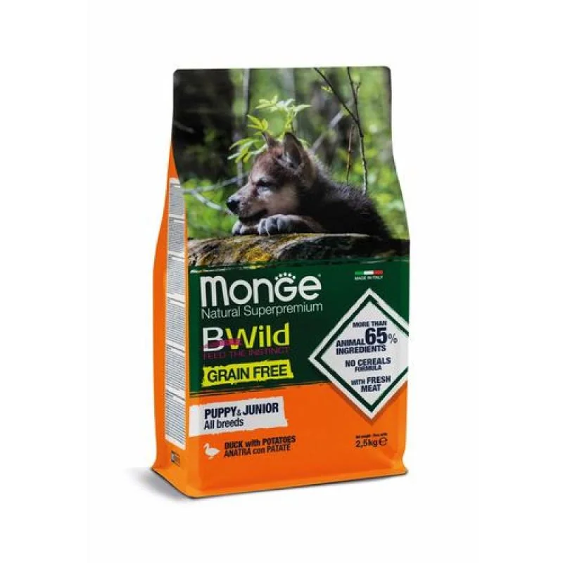 MONGE BWild Grain Free Puppy & Junior 2,5kg bezobilninové kompletné krmivo pre šteňatá s kačacím mäsom a zemiakmi