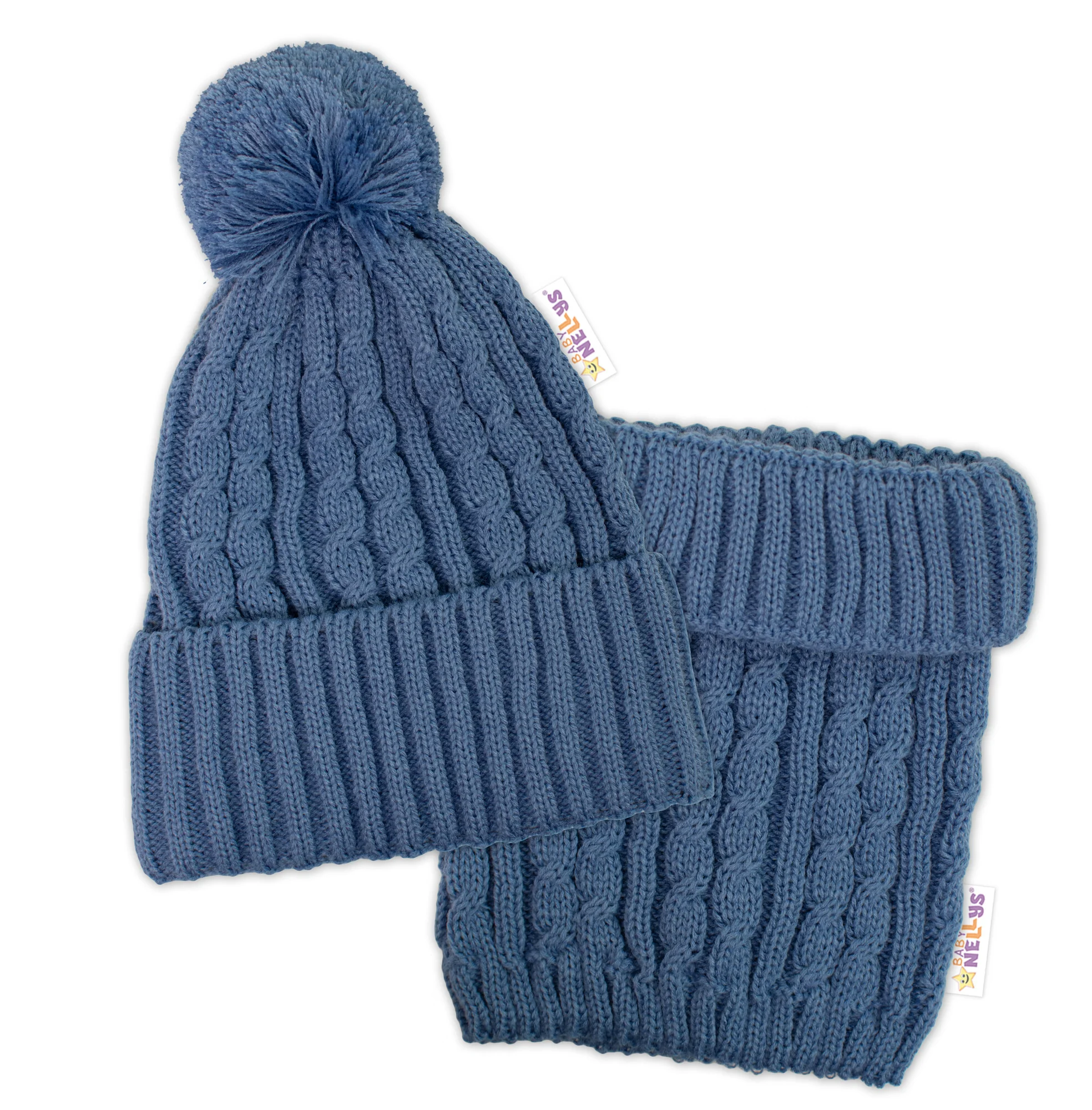 Pletená zimná čiapka s brmbolcom + komínček BABY NELLYS - modrá, jeans,veľ. 48-52cm