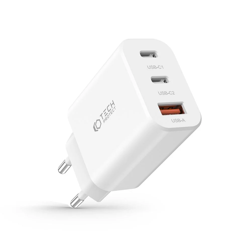 Tech-Protect 3-port sieťová nabíjačka USB / 2x USB-C 30W PD QC, biela