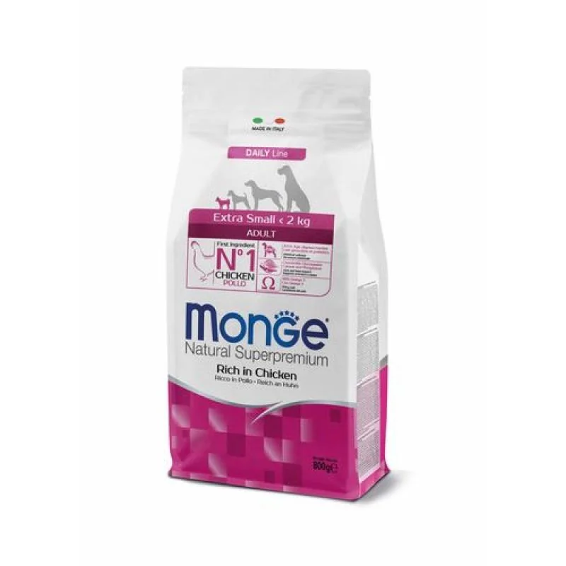 MONGE Natural Superpremium Extra Small Adult 800g suché krmivo s kuracím pre dospelých psov veľmi malých plemien