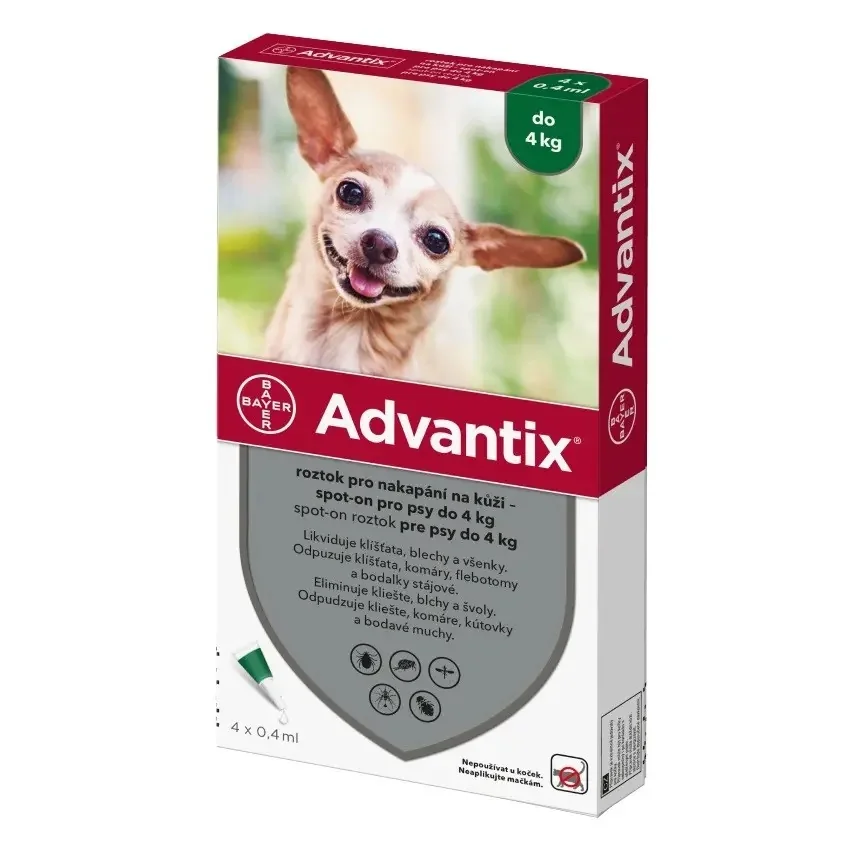 Advantix Spot-on pre psy do 4 kg 4×0,4 ml, pipeta