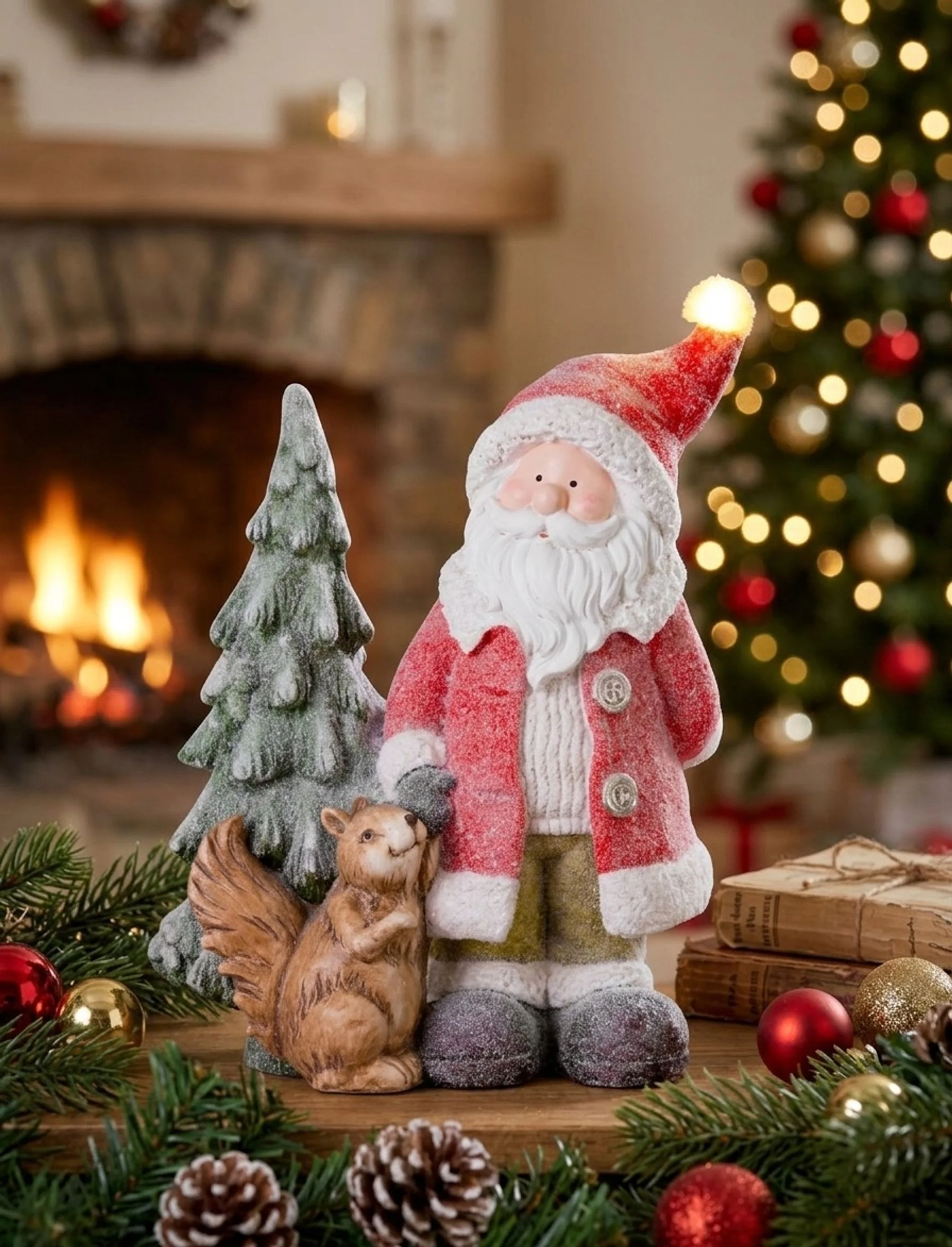 MagicHome vianočná LED dekorácia Santa s veveričkou a stromčekom, 1 ks 1 LED, 2xAAA, keramika, 35,50x20x46 cm