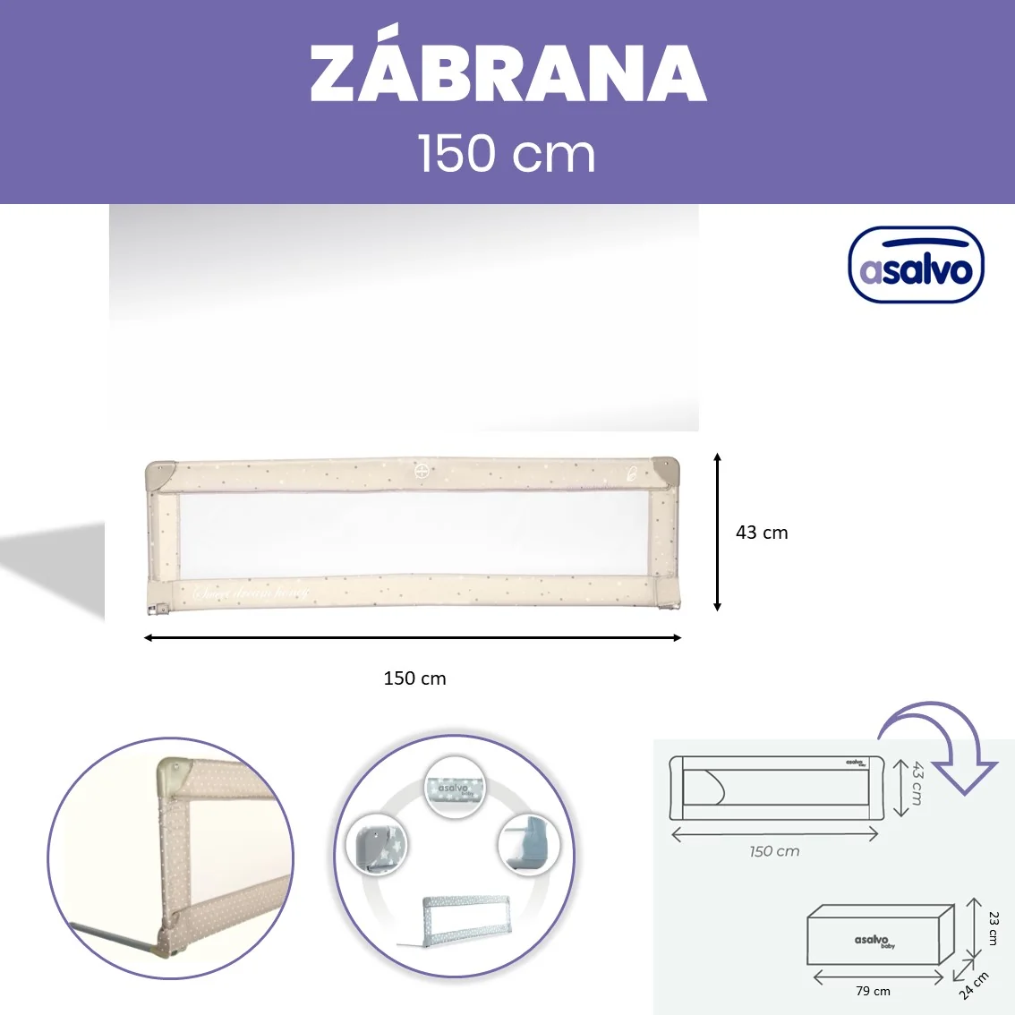 Asalvo zábrana na posteľ 150 cm hviezdy béžová