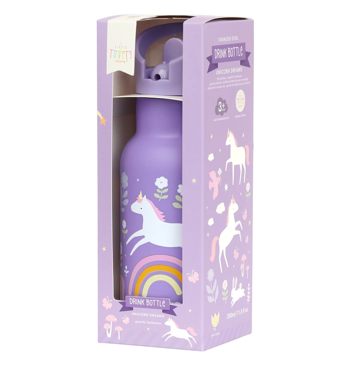 A Little Lovely Company - antikorová fľaša na pitie, 350 ml - jednorožce a dúha