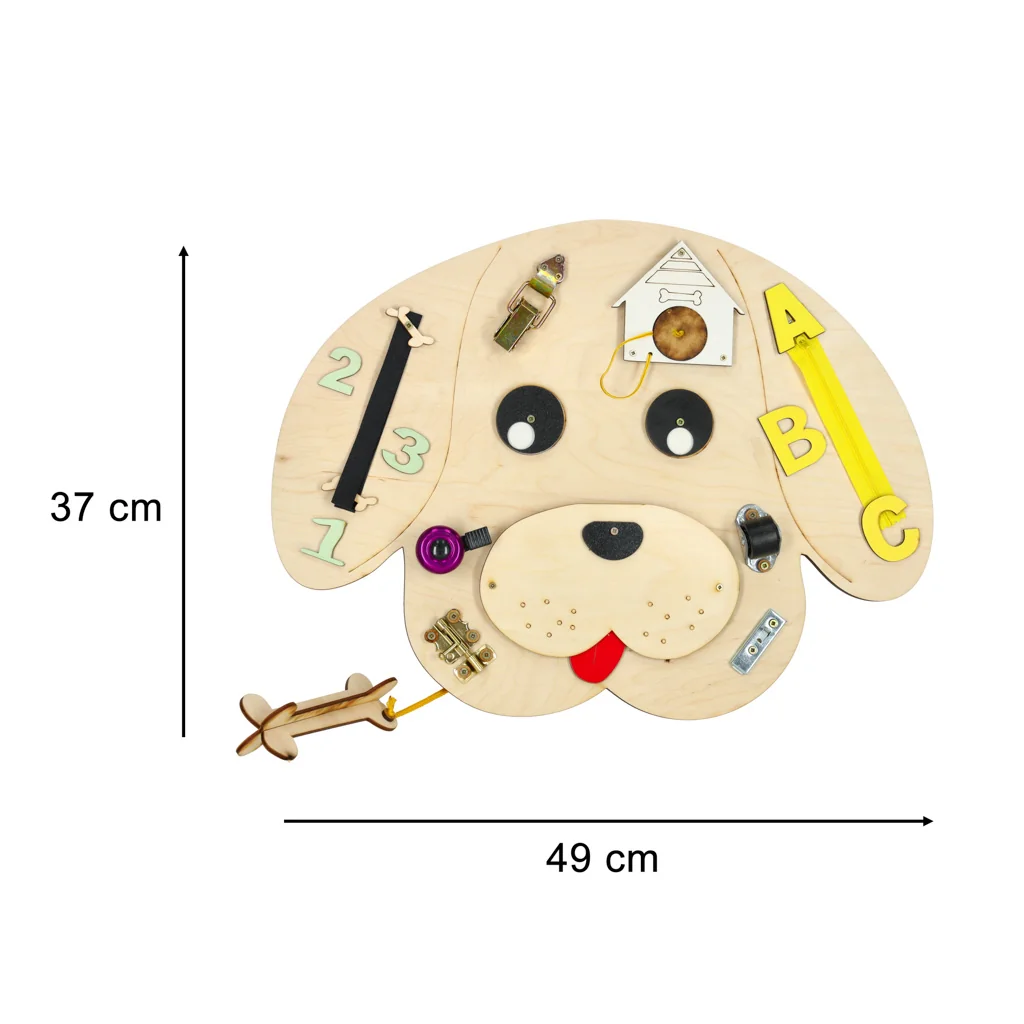 Drevená manipulačná tabuľa – psík 49×37×6,5 cm, písmenká a číslice