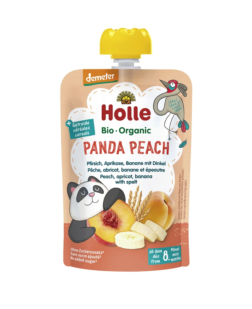 HOLLE Panda Peach Bio pyré broskyňa marhuľa banán špalda 100 g (8+) 1×100 g