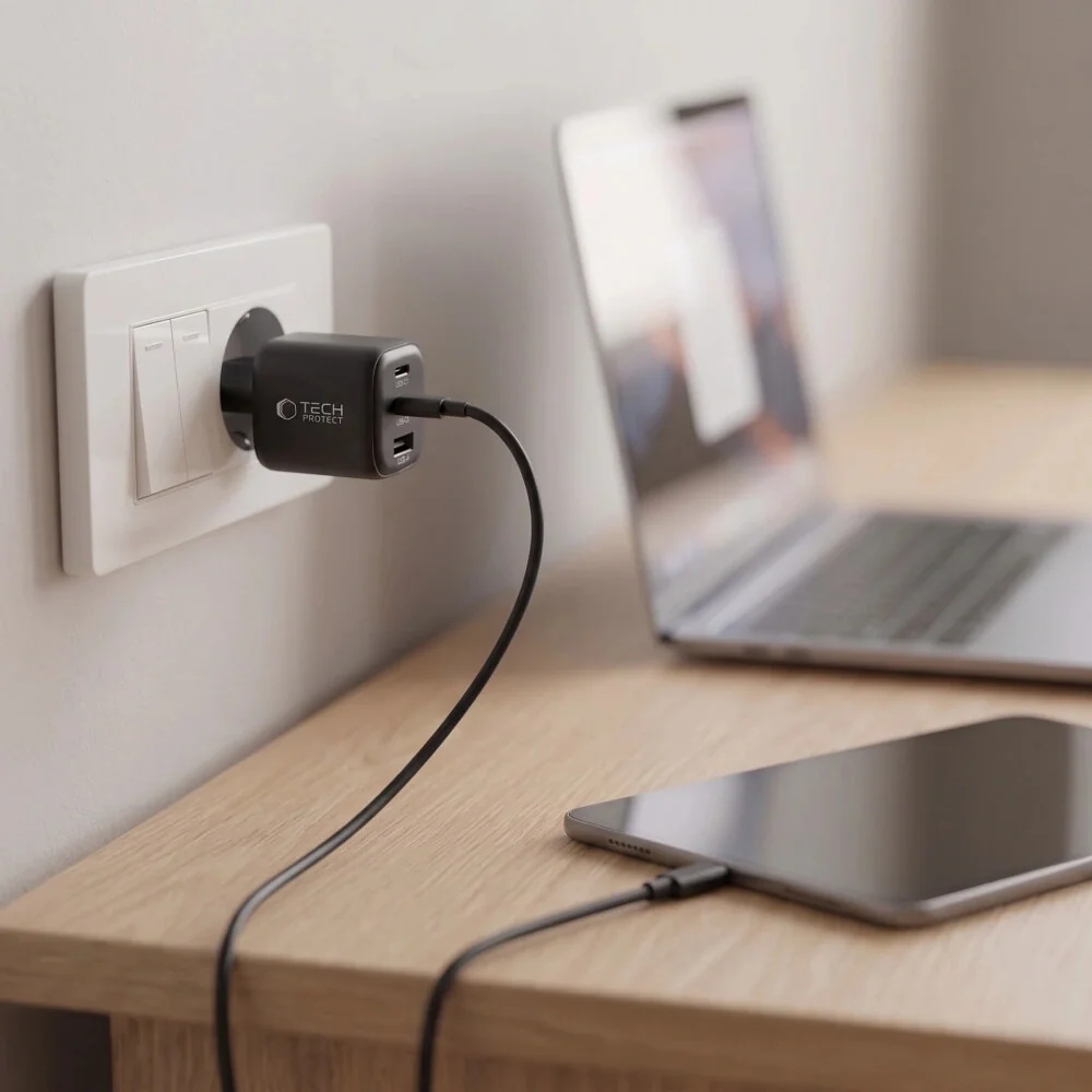 Tech-Protect NCA100W GaN sieťová nabíjačka USB / 2x USB-C PD 3.2 100W / QC3.0, čierna