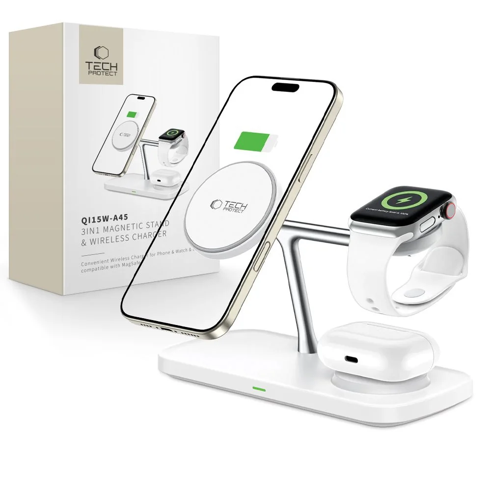 Tech-Protect A45 MagSafe bezdrôtová nabíjačka na mobil / Apple Watch / AirPods 15W, biela AirPods 15W, biela
