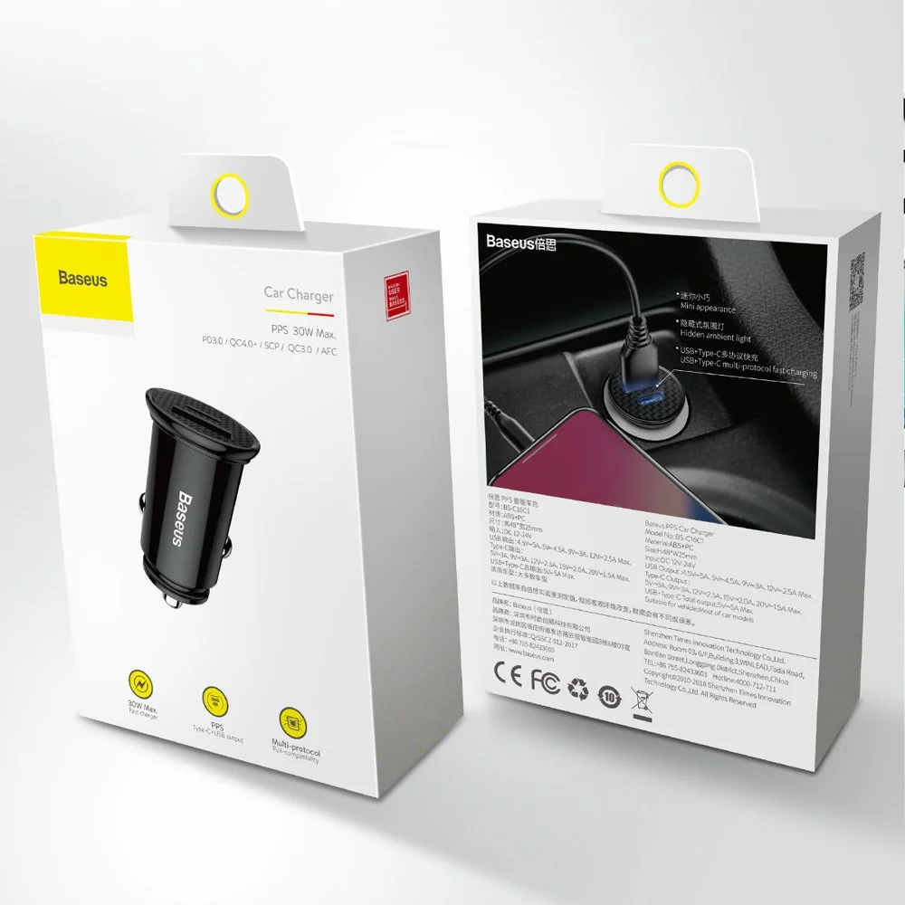 Baseus Circular USB / USB-C 30W autonabíjačka, čierna