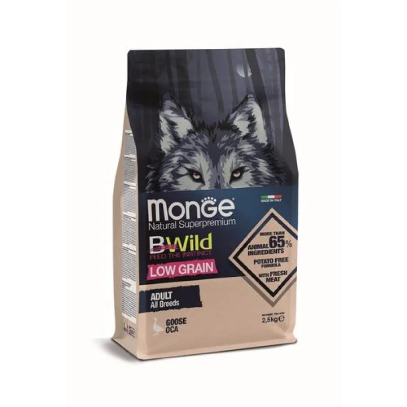 MONGE BWild Low Grain Adult 2,5 kg kompletné krmivo pre dospelých psov s husacím mäsom a so znížením množstvom obilnín