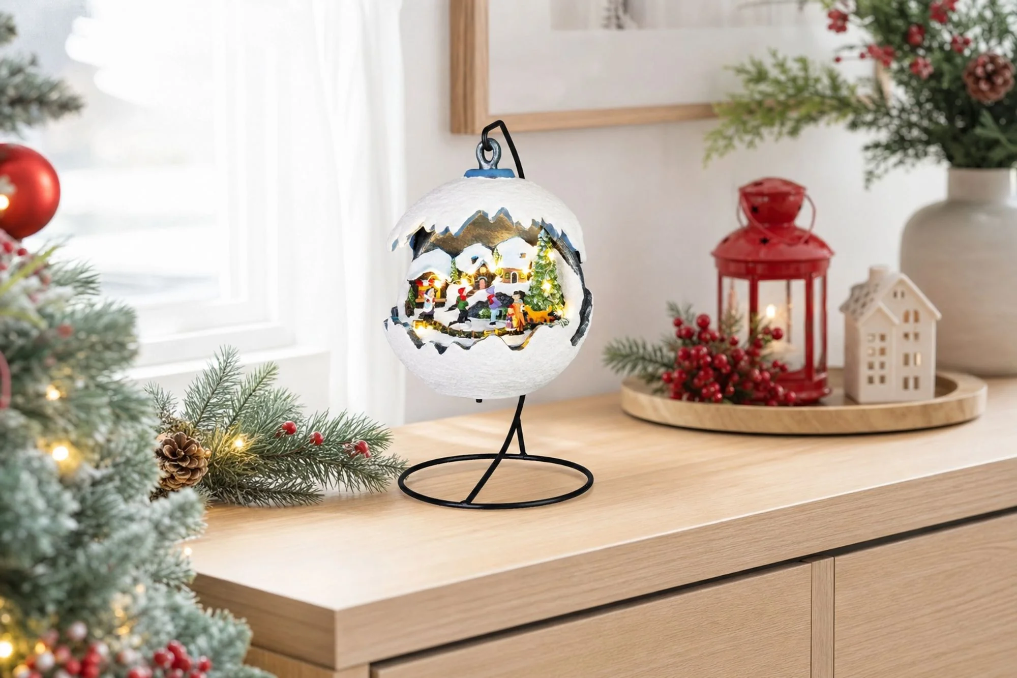 MagicHome vianočná LED zasnežená krajinka, 1 ks 3 LED teplá biela, 3xAA, 18,5x18,5x22 cm